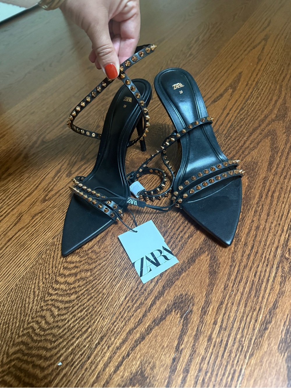 ZARA Black Pointed-Toe Strappy Heels with Gold Studs